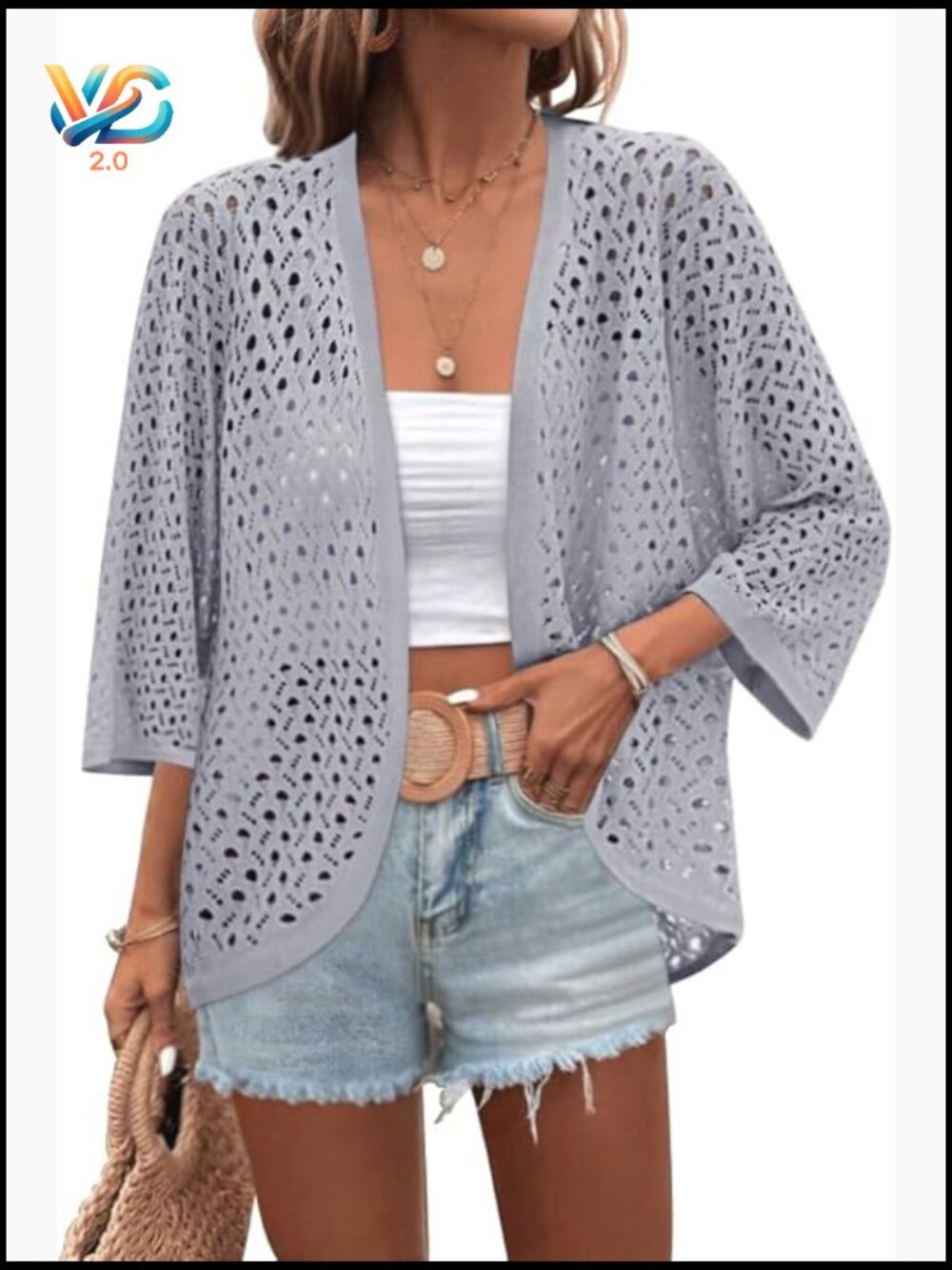 Lightweight Crochet Batwing Cardigan Boho Knit Open Front 3/4 Sleeve Cover Up